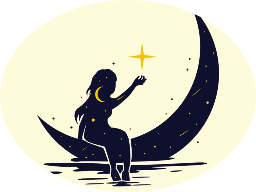 Fille assis sur la lune qui lui sert de barque, les pieds dans l'eau. Elle attrape la lune.