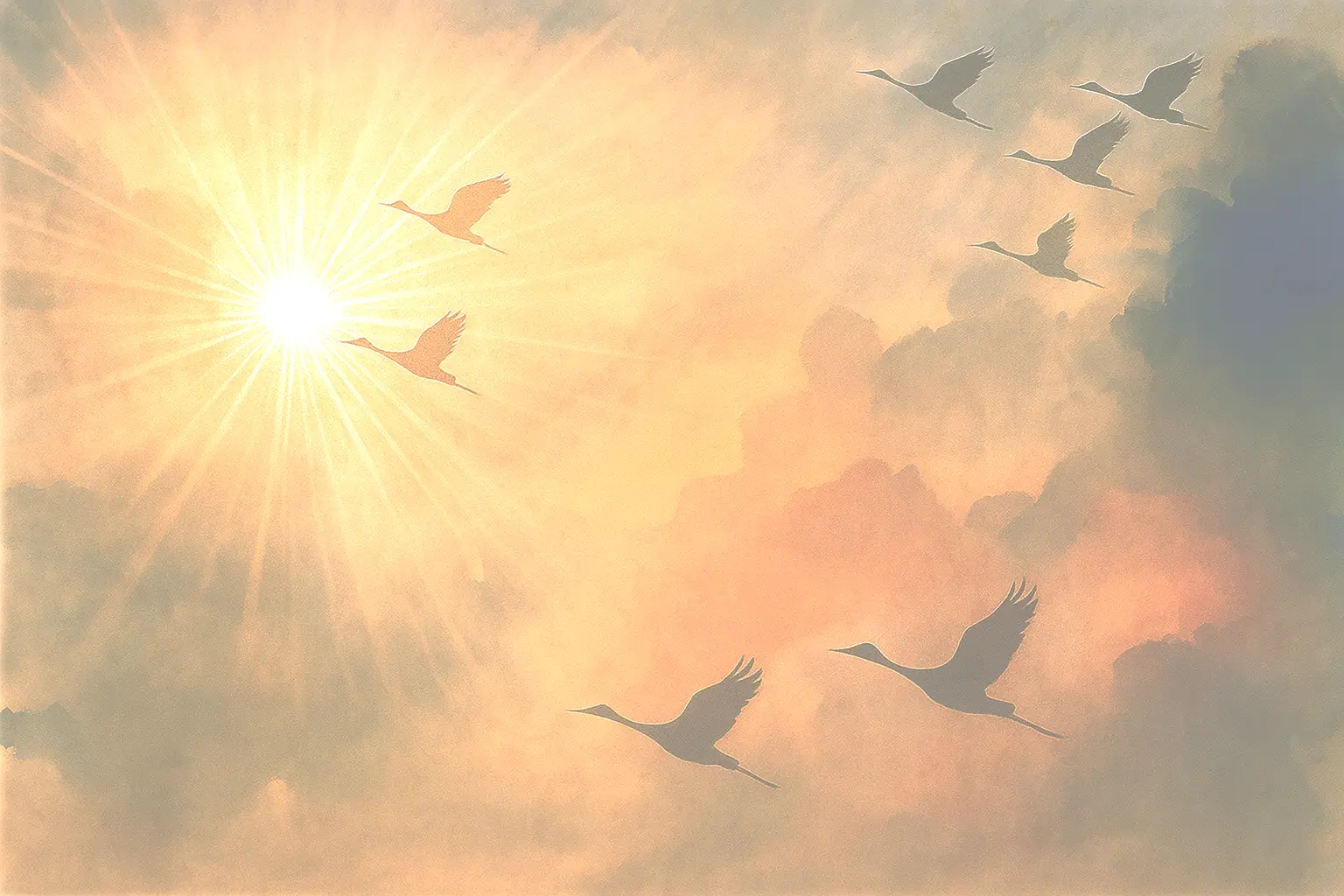 Vol de grues dans un ciel rosé. Elles vont vers le soleil et la liberté.
