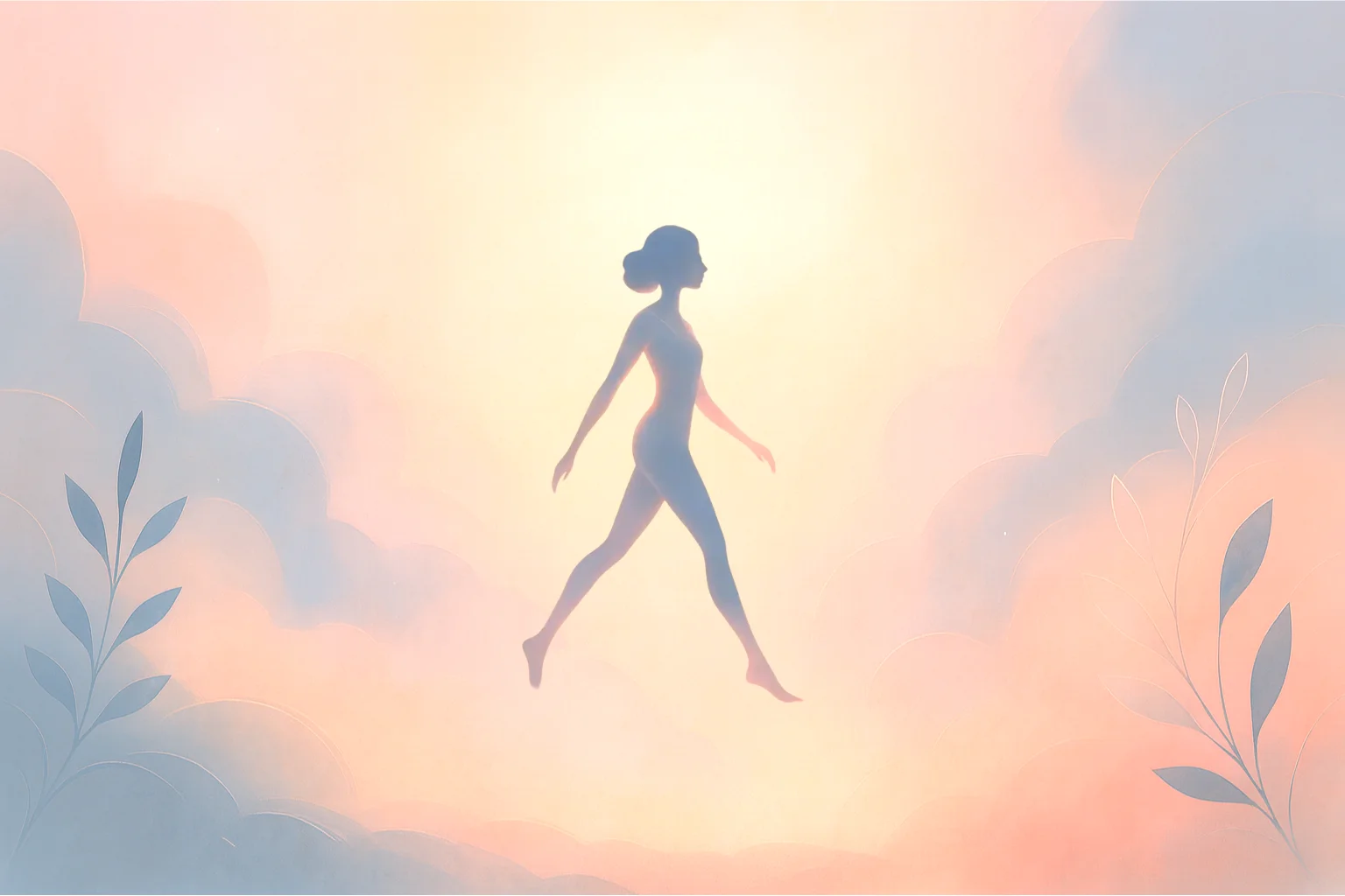 Femme lumineuse qui marche d'un pas décidé et confiant sur un nuage.