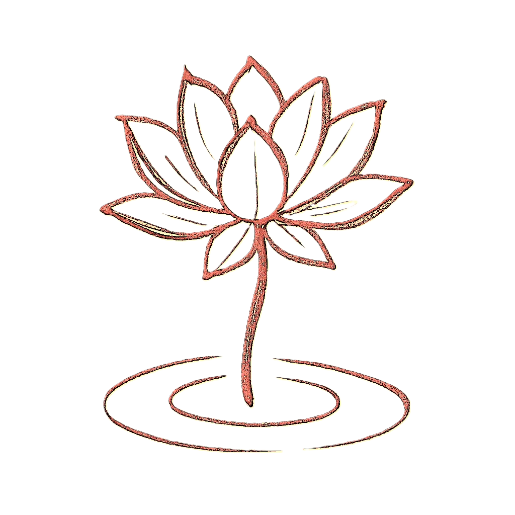 Fleur de lotus sur tige sortant de l’eau et cercles concentriques symbolisant la sérénité, clarté et l’équilibre intérieur.