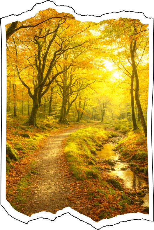 Chemin d’automne lumineux dans la forêt, image du parcours personnel vers plus de clarté et d’apaisement.