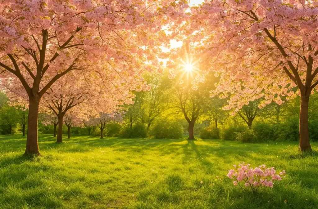 Lumière du matin traversant les cerisiers en fleurs, évoquant la douceur, la clarté et la légèreté retrouvée.