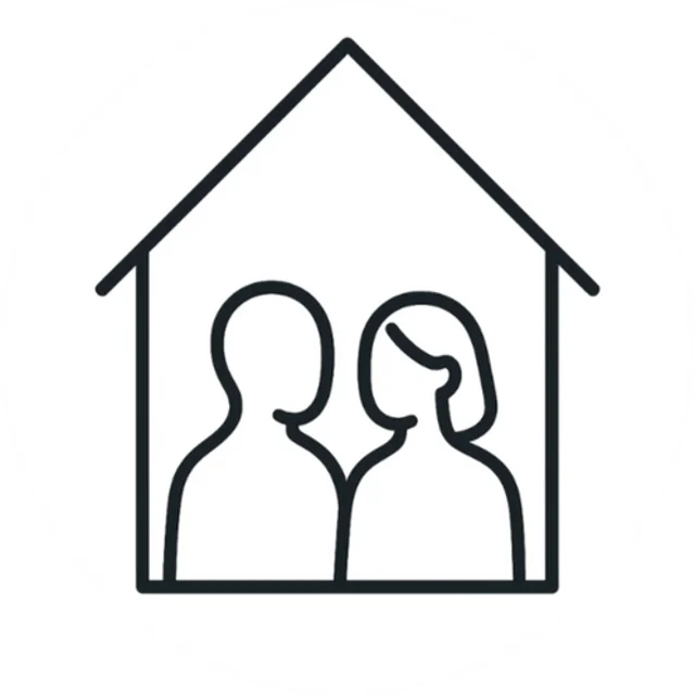 Dessin d’une maison avec deux silhouettes pour représenter les liens familiaux.
