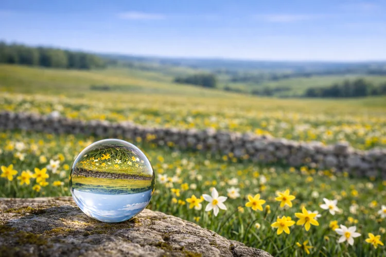 Paysage printanier et apaisé de l’Aubrac avec prairie fleurie, muret en pierre et boule de verre reflétant le paysage inversé