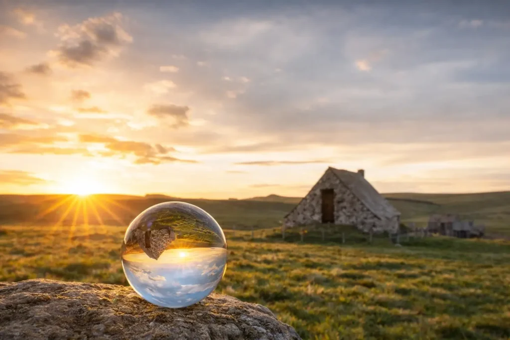 Bannière paysage serein de l’Aubrac avec buron en pierre au soleil, rocher au premier plan et boule en verre reflétant le paysage inversé.
