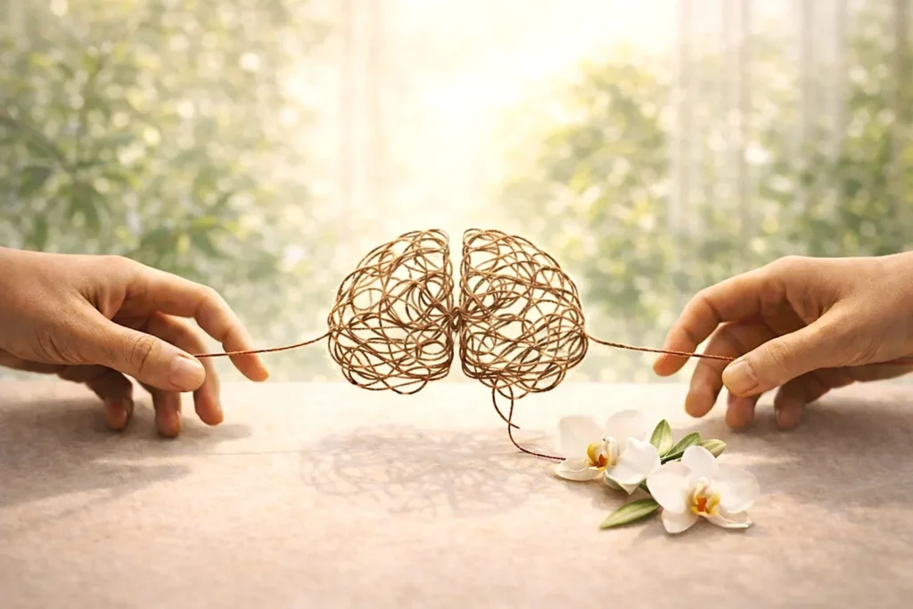 Deux mains reliées par un fil noué en forme de cerveau, symbolisant les mécanismes des relations difficiles et leur compréhension.