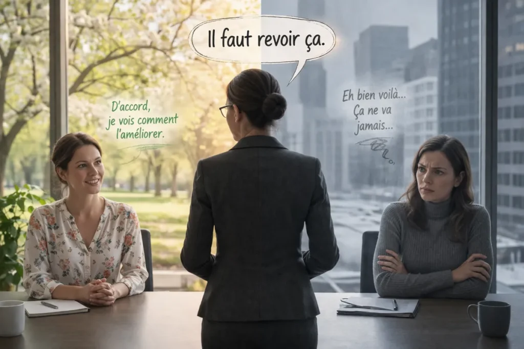 Une même remarque professionnelle “il faut revoir ça” reçue différemment selon le climat relationnel de l’interaction : elle crée une tension ou pas