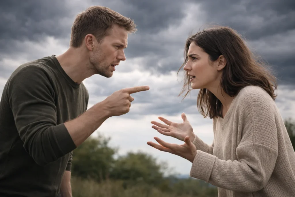 Échange conflictuel entre un homme et une femme sous un ciel orageux illustrant un climat relationnel tendu