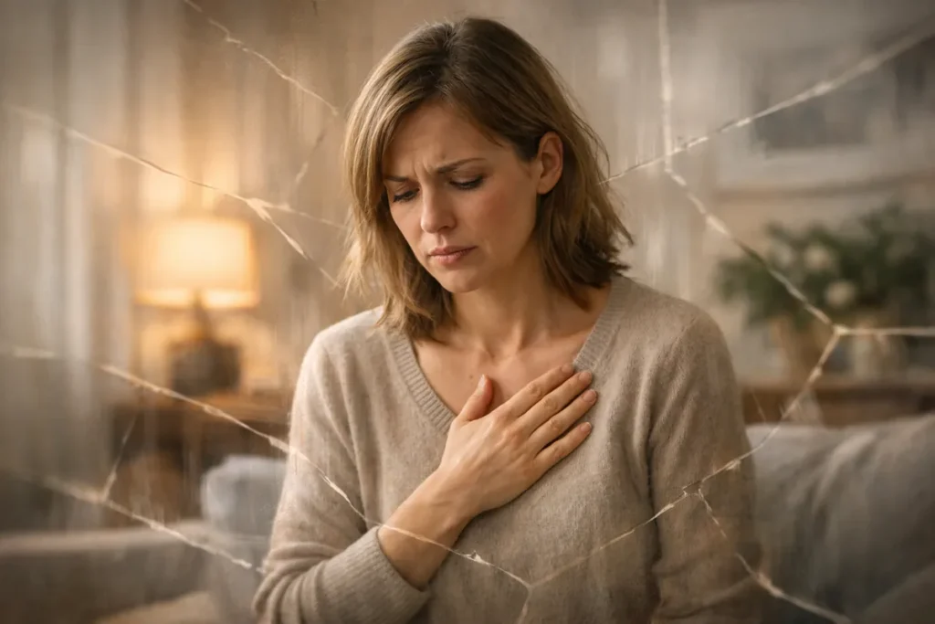 Femme troublée et touchée intérieurement après des propos heurtants venant toucher son univers intime